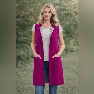 RAIN Sleeveless Long Cardigan Vest – Magenta & Gray Stripe – Size Small
